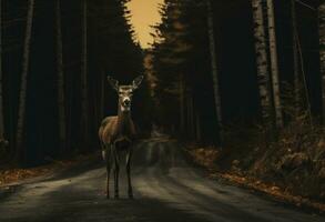 ai généré une magnifique cerf des stands sur le route dans le forêt photo