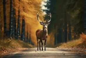 ai généré une magnifique cerf des stands sur le route dans le forêt photo