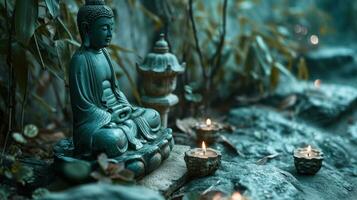 ai généré une statue de Bouddha et bougies sont mis dans une Zen jardin photo