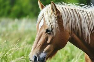 ai généré marron cheval avec blond cheveux mange herbe sur une vert Prairie détail de le diriger. ai généré photo