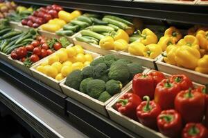 ai généré des fruits et des légumes sur magasin supporter dans supermarché épicerie magasin. ai généré photo