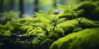 ai généré vert mousse fermer, avec une toile de fond de des bois. forêt dans le nationale parc. ai généré photo