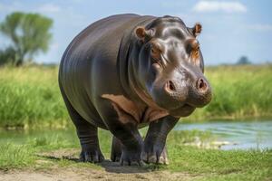 ai généré hippopotame en marchant dans une vert champ. ai généré photo