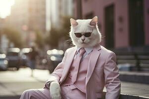 ai généré une chat est portant des lunettes de soleil, costume et permanent sur rue. ai généré photo