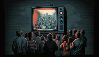 ai généré gens foule en train de regarder la télé. la télé dépendance, la propagande et faux nouvelles concept. génératif ai photo