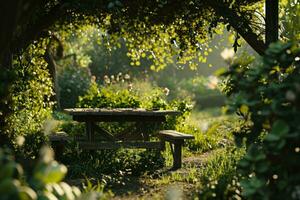 ai généré une scène avec une table dans une vert jardin photo