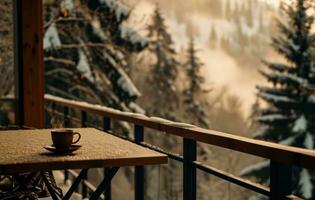 ai généré une table est doublé avec une café tasse ensemble sur une balcon surplombant une forêt photo