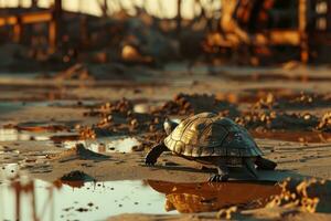 ai généré une tortue est en marchant sur le sable dans le boue photo