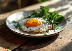 ai généré un Oeuf est sur une blanc assiette avec persil sur le bord photo