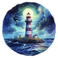 ai généré phare à côté de le mer à nuit. aquarelle pour T-shirt conception. ai généré photo