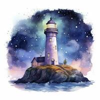 ai généré phare à côté de le mer à nuit. aquarelle pour T-shirt conception. ai généré photo