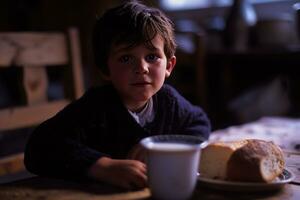 ai généré une Jeune garçon avec une tasse de Lait et pain photo