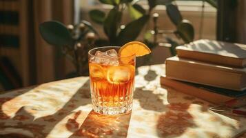 ai généré génératif ai, verre de aperol spritz sur en bois table avec Soleil lumières et ombres, esthétique en sourdine couleurs photo