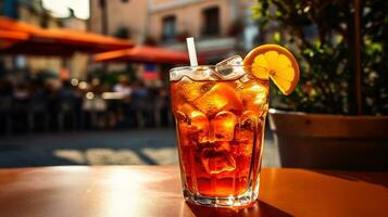 ai généré génératif ai, verre de aperol spritz sur en bois table avec brouiller Contexte avec lumières de rue bar, café ou restaurant photo