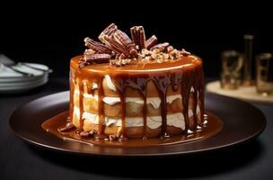 ai généré une caramel et caramélisé gâteau est séance sur une en bois table photo