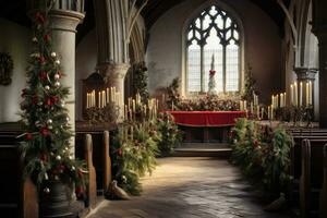 ai généré un vide église décoré pour Noël avec Noël des arbres photo