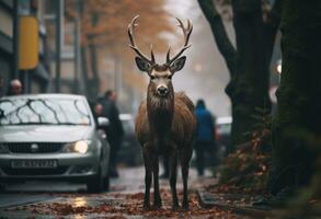 ai généré une magnifique cerf des stands sur le route dans le forêt photo