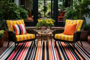 ai généré une patio avec Extérieur osier chaises et coloré couverture photo