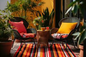 ai généré une patio avec Extérieur osier chaises et coloré couverture photo