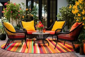 ai généré une patio avec Extérieur osier chaises et coloré couverture photo