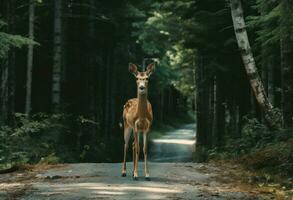 ai généré une magnifique cerf des stands sur le route dans le forêt photo