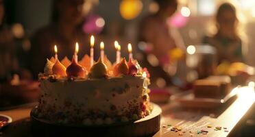 ai généré une groupe de gens autour une gâteau décorer content anniversaire photo