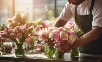 ai généré une homme dans un tablier organiser fleurs dans conteneurs photo