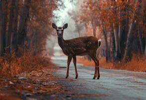 ai généré une magnifique cerf des stands sur le route dans le forêt photo