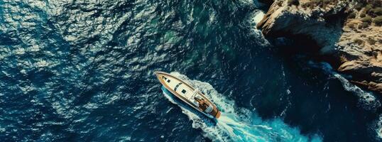 ai généré une bleu bateau est en volant à travers le océan photo