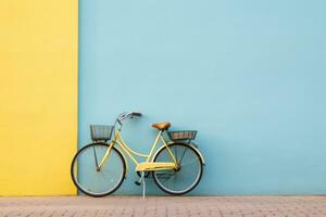 ai généré vélo garé suivant à une Jaune mur photo