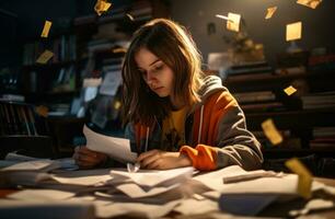 ai généré école secondaire étudiant l'écriture sur papier, photo