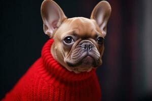 ai généré français bouledogue dans rouge chandail, photo