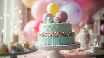 ai généré échelonné anniversaire gâteau avec de fête ballon décorations photo