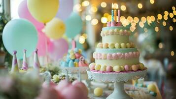 ai généré échelonné anniversaire gâteau avec de fête ballon décorations photo