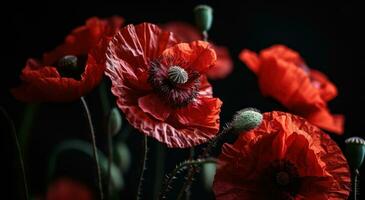 ai généré rouge coquelicots contre noir Contexte photo