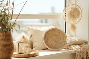 ai généré intérieur rustique et rustique appartement décor sur balcon dans blanc Cadre photo