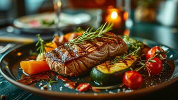 ai généré steak avec des légumes et grillé Saumon sur une foncé table photo