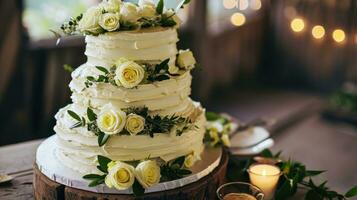 ai généré à trois niveaux blanc mariage gâteau décoré avec fleurs et vert feuilles photo