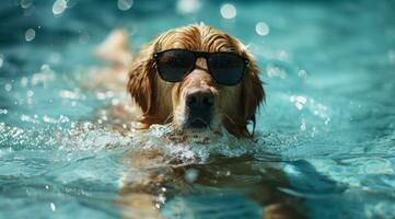 ai généré cool chien dans bassin avec des lunettes de soleil photo