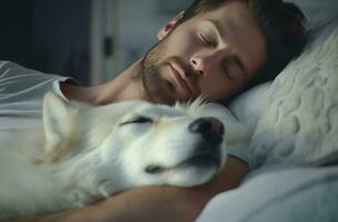 ai généré gens en train de dormir avec chien dans blanc lit à Accueil photo