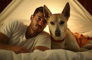 ai généré homme et chien mensonges sur lit suivant à lui photo