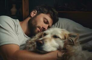 ai généré gens en train de dormir avec chien dans blanc lit à Accueil photo