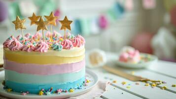 ai généré vibrant pastel arc en ciel anniversaire gâteau avec bruant et d'or étoile photo