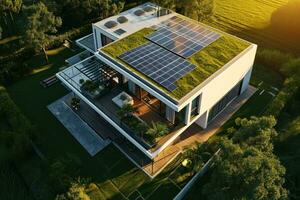 ai généré solaire panneaux sur toit de maison avec un ouvert pelouse photo