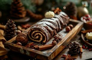 ai généré le Noël roulé gâteau avec Chocolat et des noisettes sur une rustique en bois plateau, photo