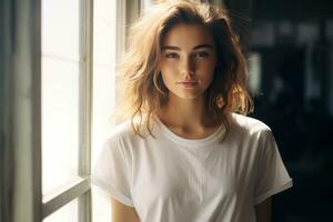 ai généré Jeune magnifique féminin femme dans blanc t chemise permanent par fenêtre à intérieur photo