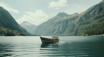 ai généré petit bateau sur le Lac dans de face de montagnes photo