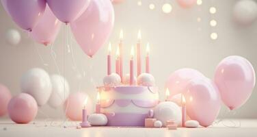 ai généré le anniversaire gâteau est séance suivant à jolie rose et blanc des ballons photo