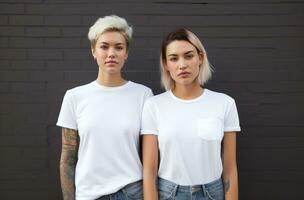 ai généré deux blanc femmes dans jeans et t-shirts blanc femme photo