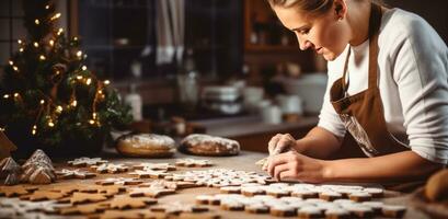 ai généré femme cuisson avec biscuit coupeurs dans une café, photo